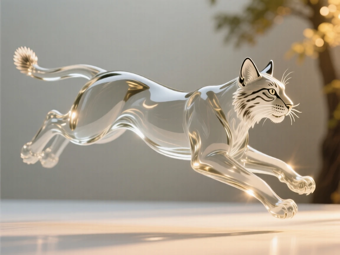 A lynx captured mid-motion against a soft-focus forest backdrop, golden hour light rimming its fur, conveying grace and wild energy.