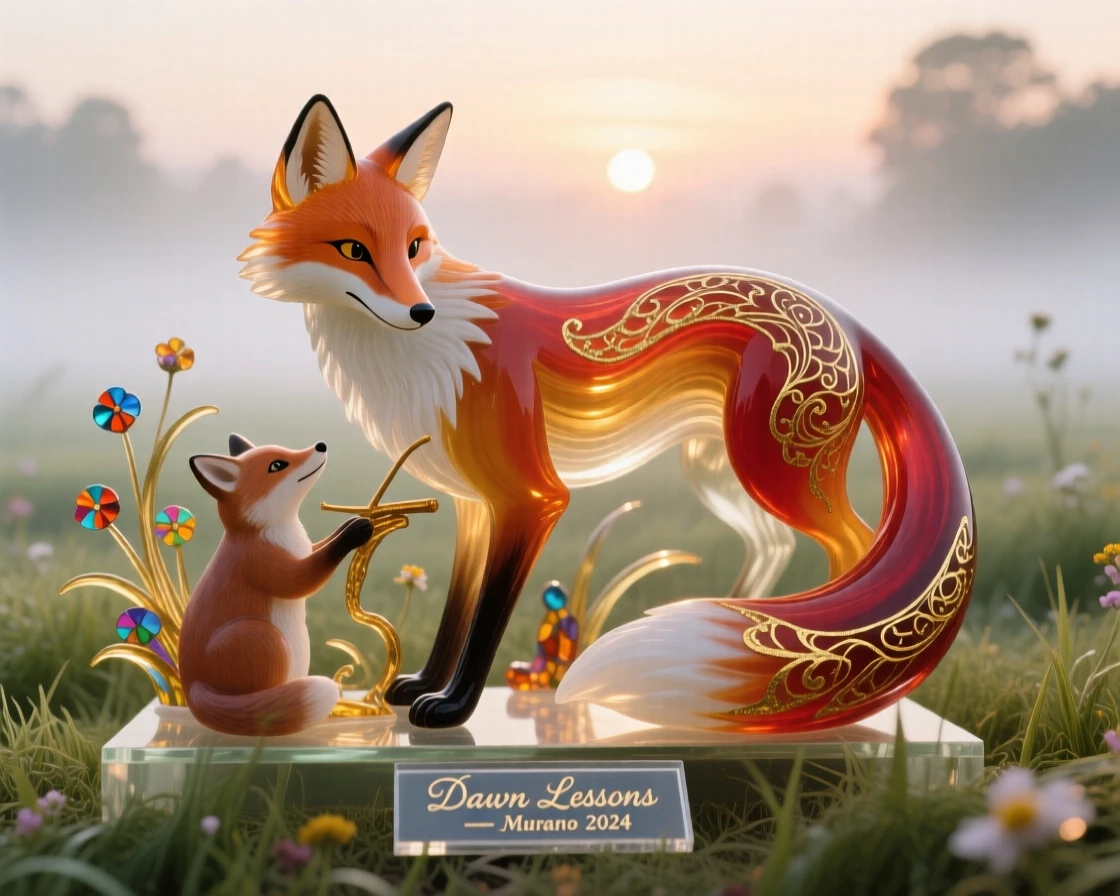 A mother fox teaching her kits to hunt in a misty meadow at dawn, tender and instructive.