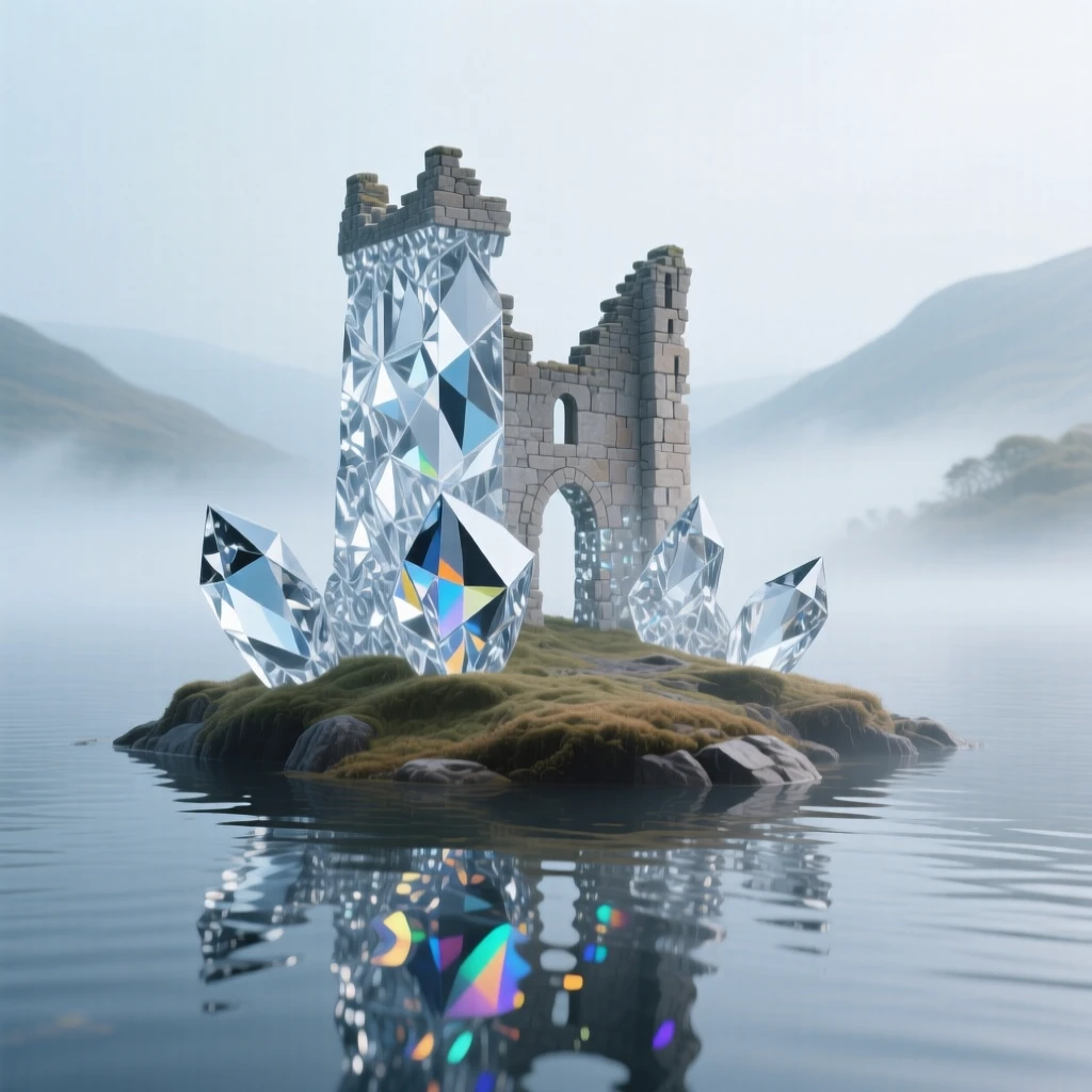 A misty highland loch with a single ancient castle ruin on a small island.