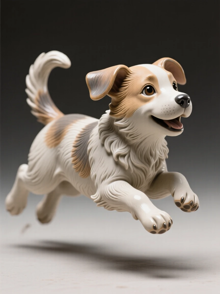 A puppy chasing its tail caught in a playful leap, with wind rippling through its fur, radiating warmth and tender innocence.