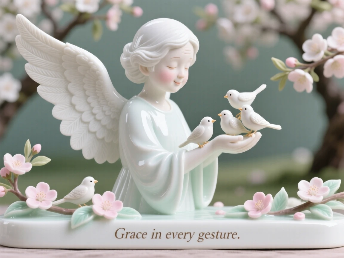 A elderly angel-winged girl feeding songbirds from an open palm, a faint, knowing smile on her lips, in a blooming orchard.