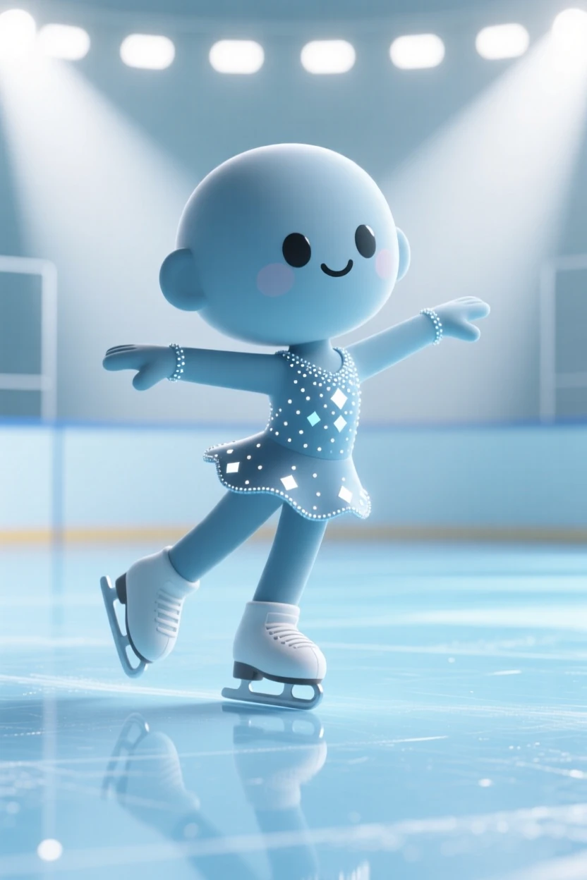 A determined figure skater spins gracefully on gleaming ice, arms outstretched as sequins sparkle under bright arena lights.