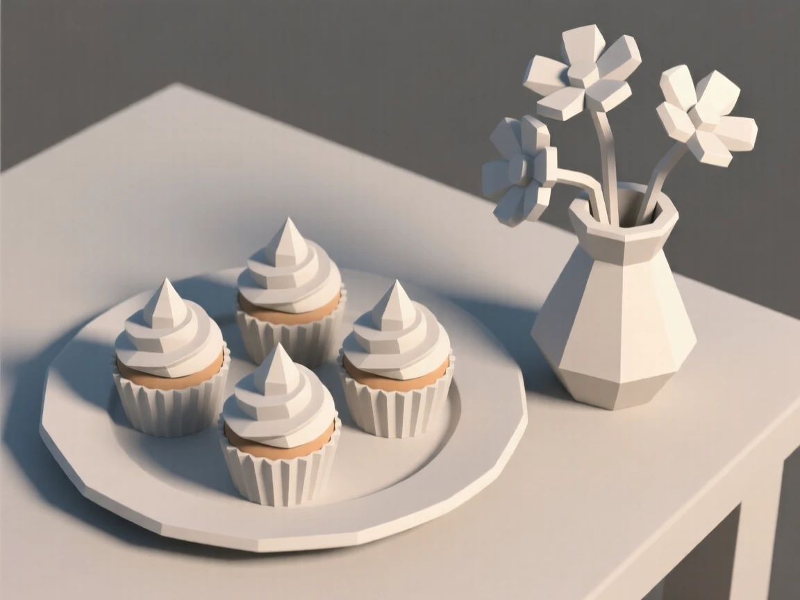 A plate of delicate pastel-colored cupcakes, beside fresh flowers in a small vase. the composition is framed from a pleasing overhead angle. There is an inviting, homey atmosphere.