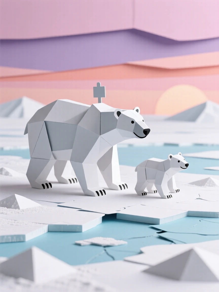 A polar bear mother and cub walking together across a vast icy tundra under a soft pink arctic sunset, conveying resilience and gentle protection.