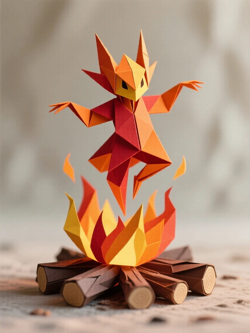 A tiny fire elemental dancing atop a campfire, flickering shapes forming a playful silhouette.