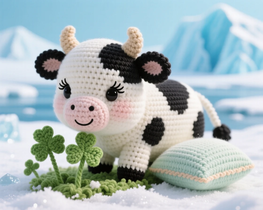 A heartwarming close-up of a plump baby cow, with black-and-white patches and long lashes, grazing on a patch of clover in an icy arctic landscape with distant blue glaciers; a soft round pillow tucked beneath it completes the scene, radiating playful mischief bubbling just beneath the surface.