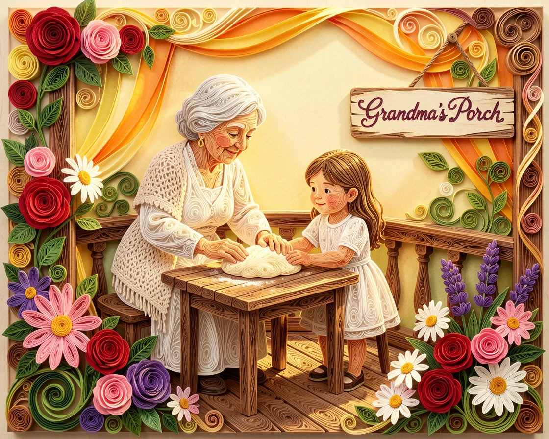 A heartwarming moment of a grandmother teaching her granddaughter to bake bread on a warm sunlit porch surrounded by blooming flowers, bathed in warm golden hour light, shown from a gentle, heartfelt eye-level perspective.
