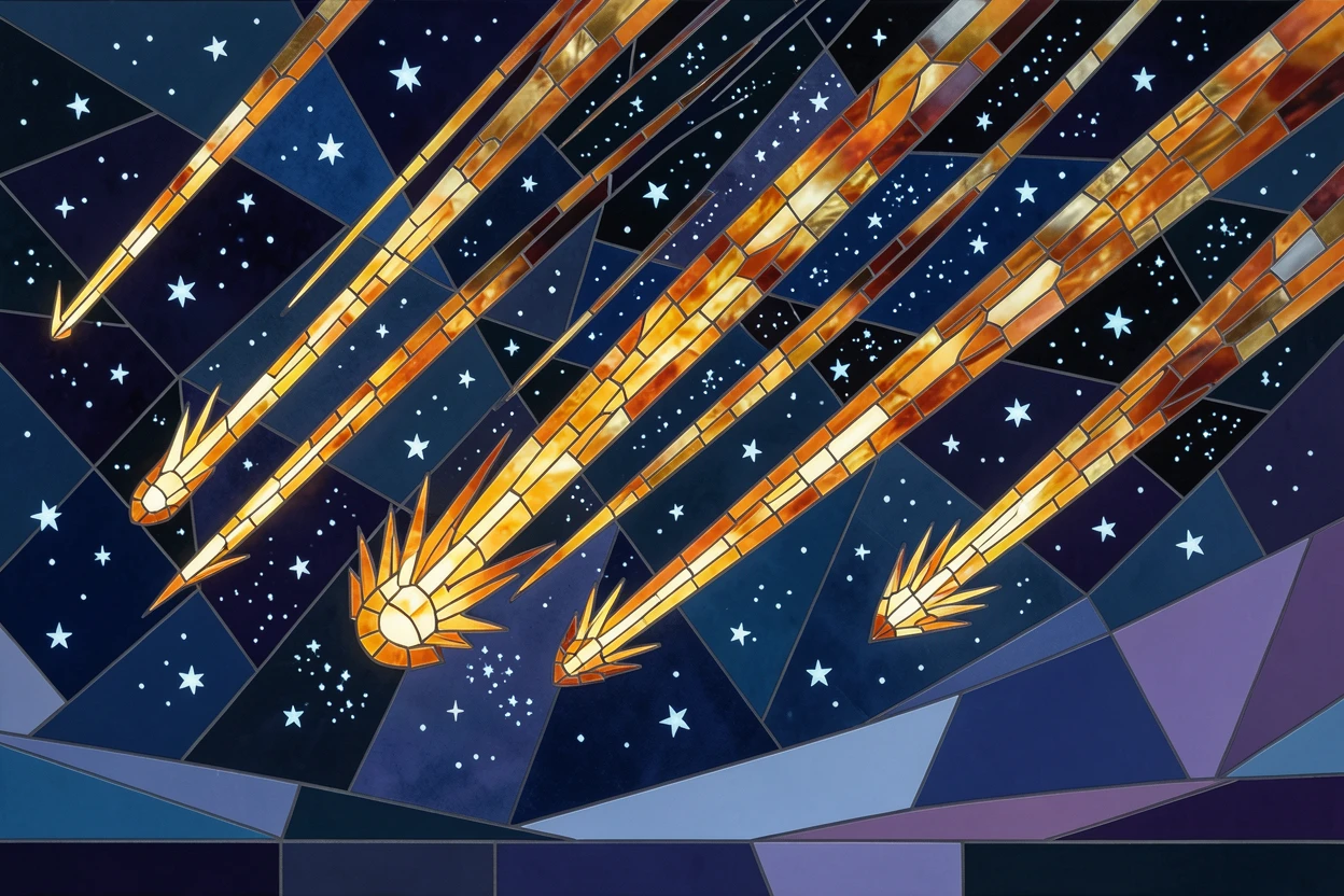 An awe-inspiring wide shot of a meteor shower streaking across a star-filled night sky, evoking wonder and vastness.
