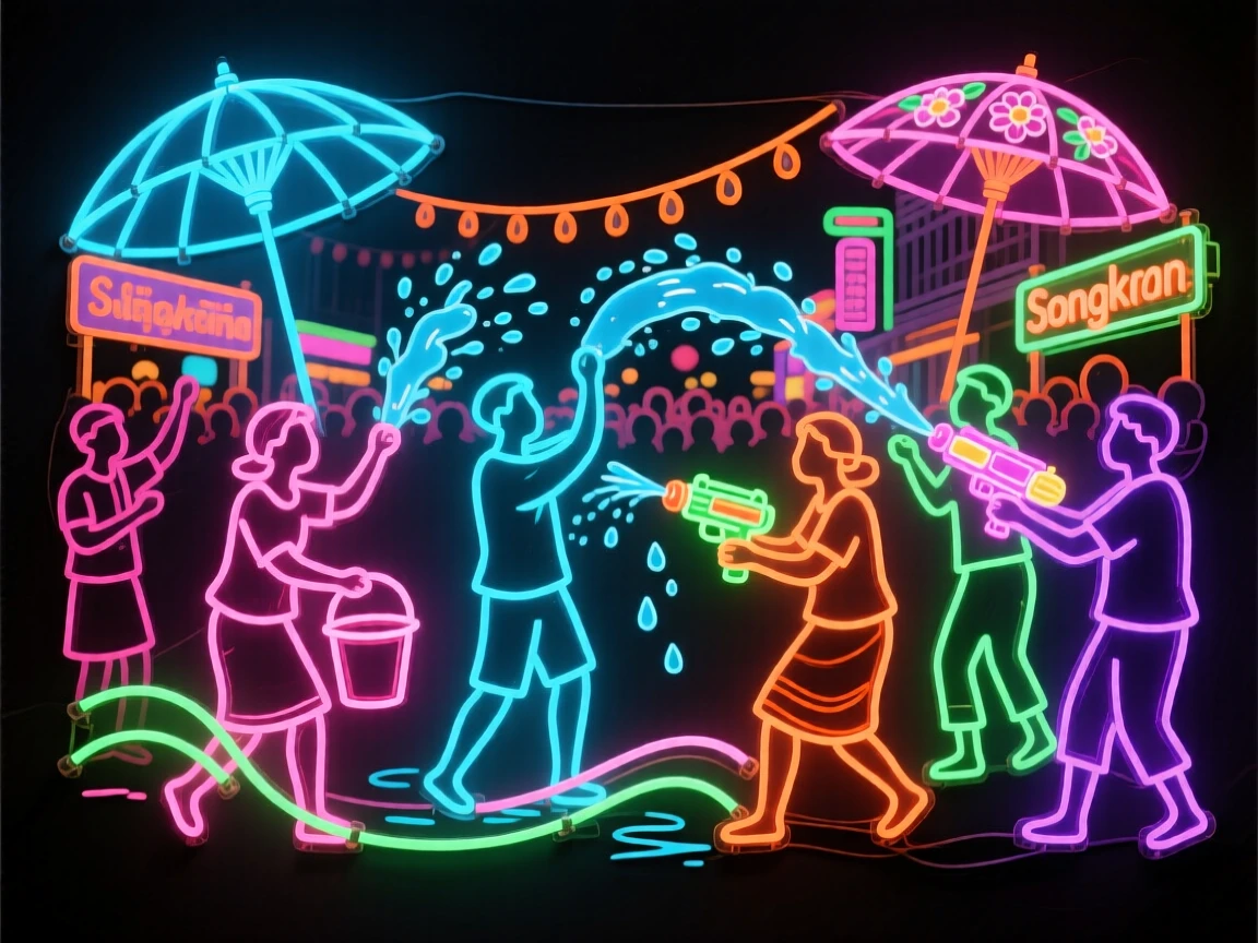 A Songkran water festival with crowds celebrating in the streets.