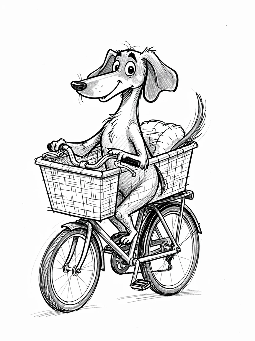 A dachshund riding in a bicycle basket.