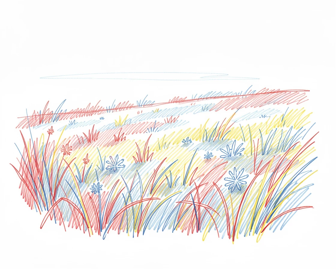 A meadow blanketed in morning frost, sunlight just beginning to melt it away