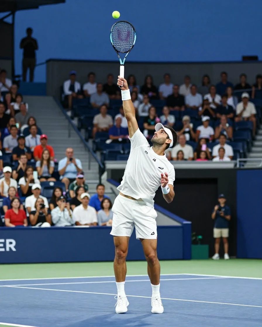 A tennis player mid-serve under stadium lights