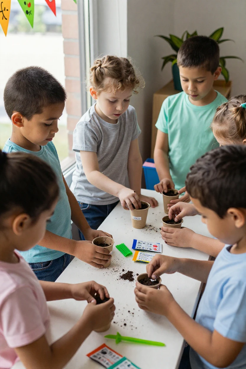 A group of kindergartners plants seeds in small paper cups on a windowsill.