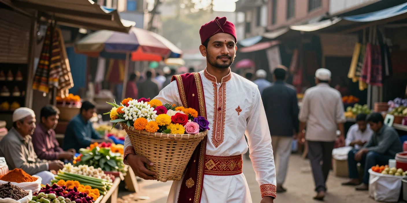 A newly married Nepali poet carrying a basket of fresh flowers in a bustling open-air market