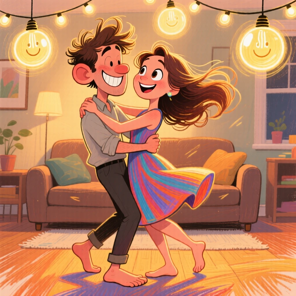 A young couple slow dancing barefoot in their living room, string lights glowing behind them.
