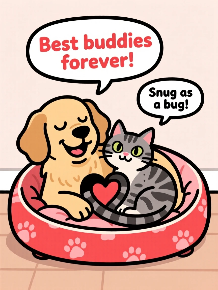 A playful pet moment featuring a family dog and cat curled up together in one tiny dog bed, tails intertwined.