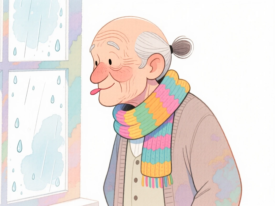 An elderly man with a neat low ponytail, biting her lip shyly, wearing a cozy oversized cardigan and wearing a colorful knit scarf, beside a rain-speckled window