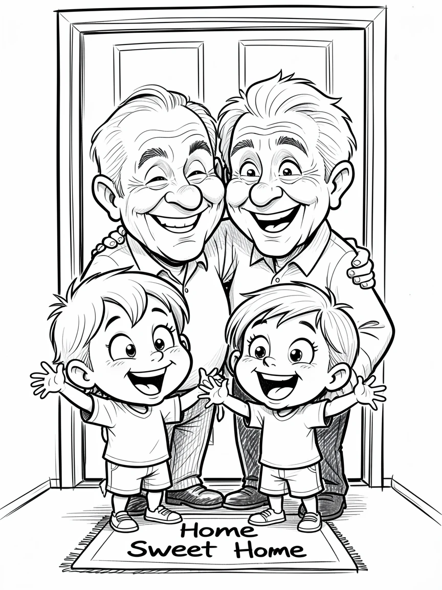 [Family & Relationship Moments] Heartwarming scene of grandparents sharing a warm hug with their excited grandchildren at the front door, radiating love and warmth