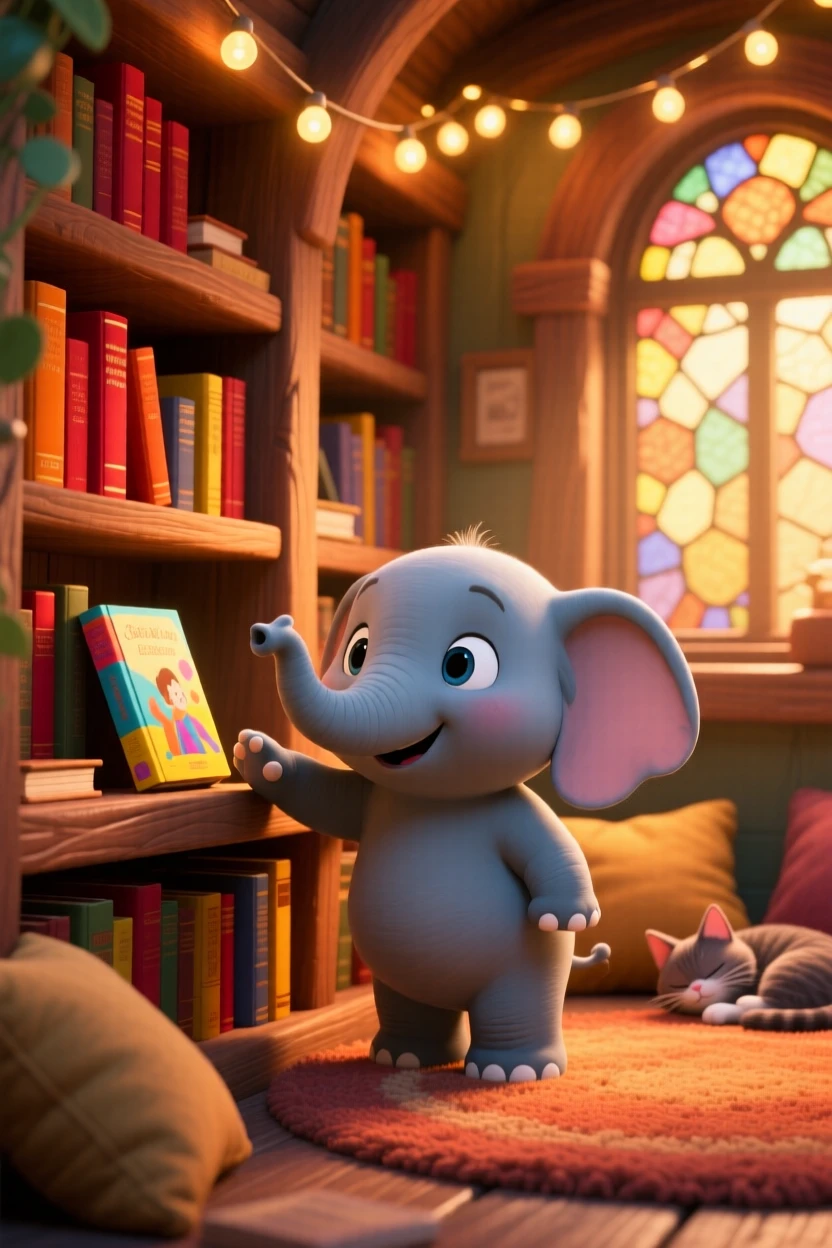 A baby elephant is exploring a cozy bookshop nook, reaching out a tiny paw. A quiet, comforting sweetness surrounds the scene, with warm colors filling the background.