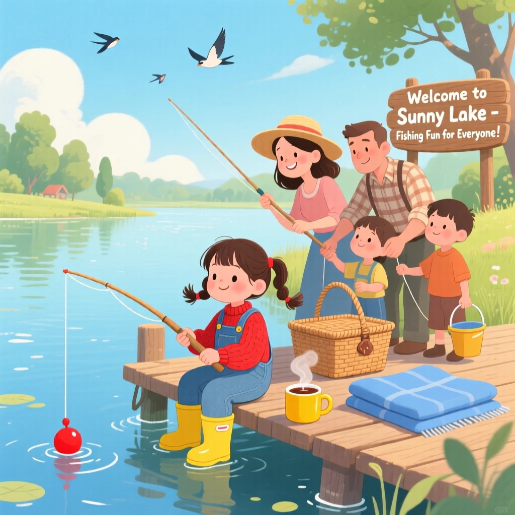 A small girl with pigtails spends the afternoon fishing together at a quiet lake with their whole family, with a warm cup of cocoa nearby.