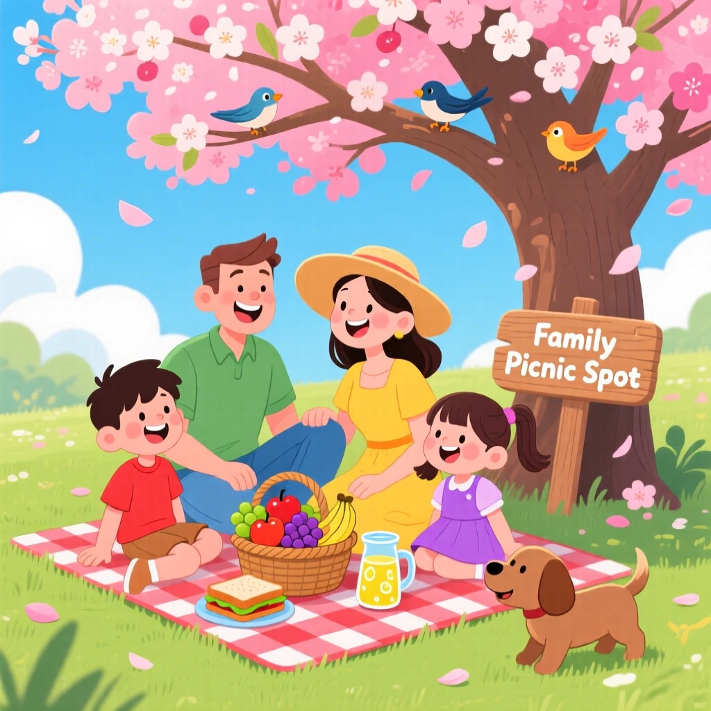 A family having a picnic under a blossoming cherry tree.