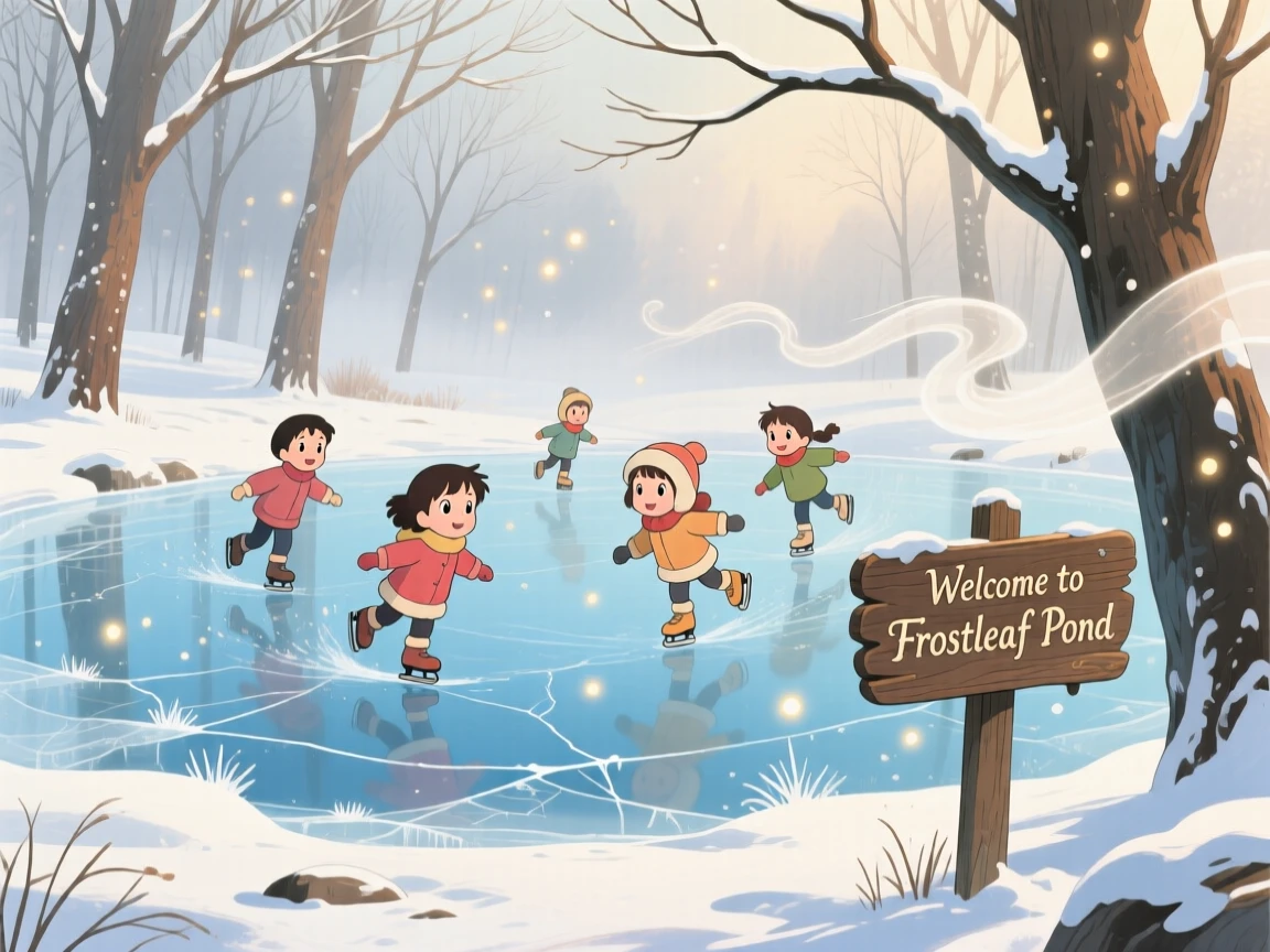 A winter scene of a frozen pond where children skate under bare trees, with soft light filtering through the atmosphere.