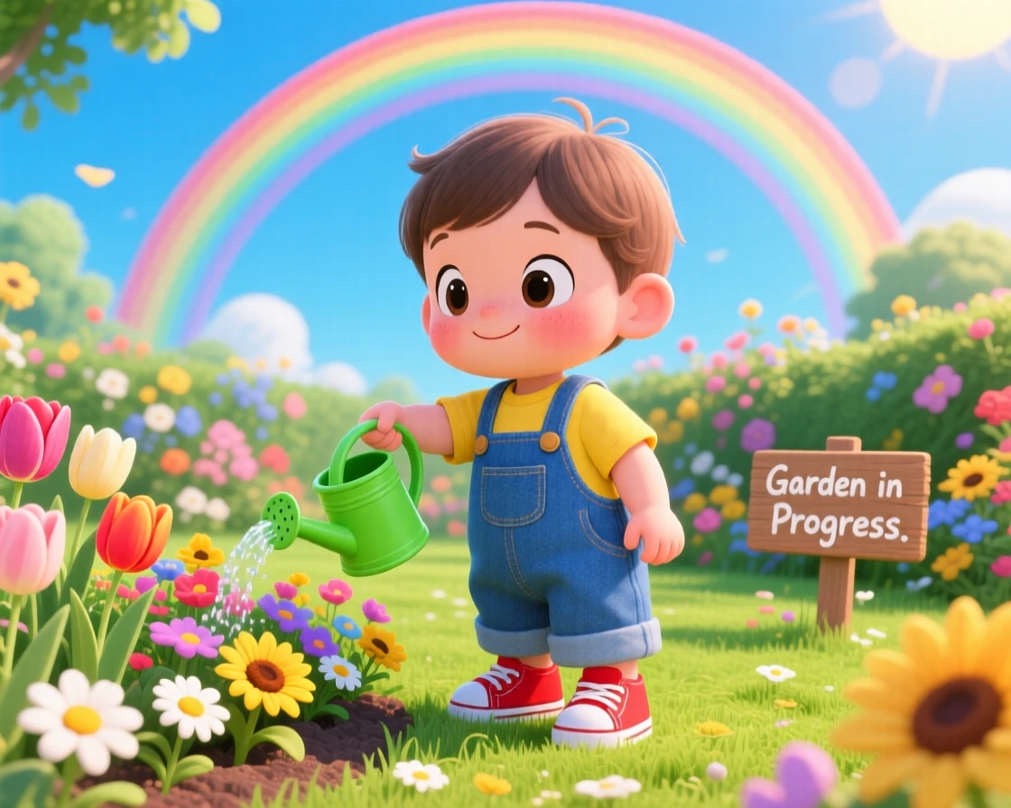 Wide establishing shot: a toddler in overalls, watering flowers with a tiny green watering can, set against a blooming front garden under a rainbow after the rain, with bright midday sun and a mood of proud determination.