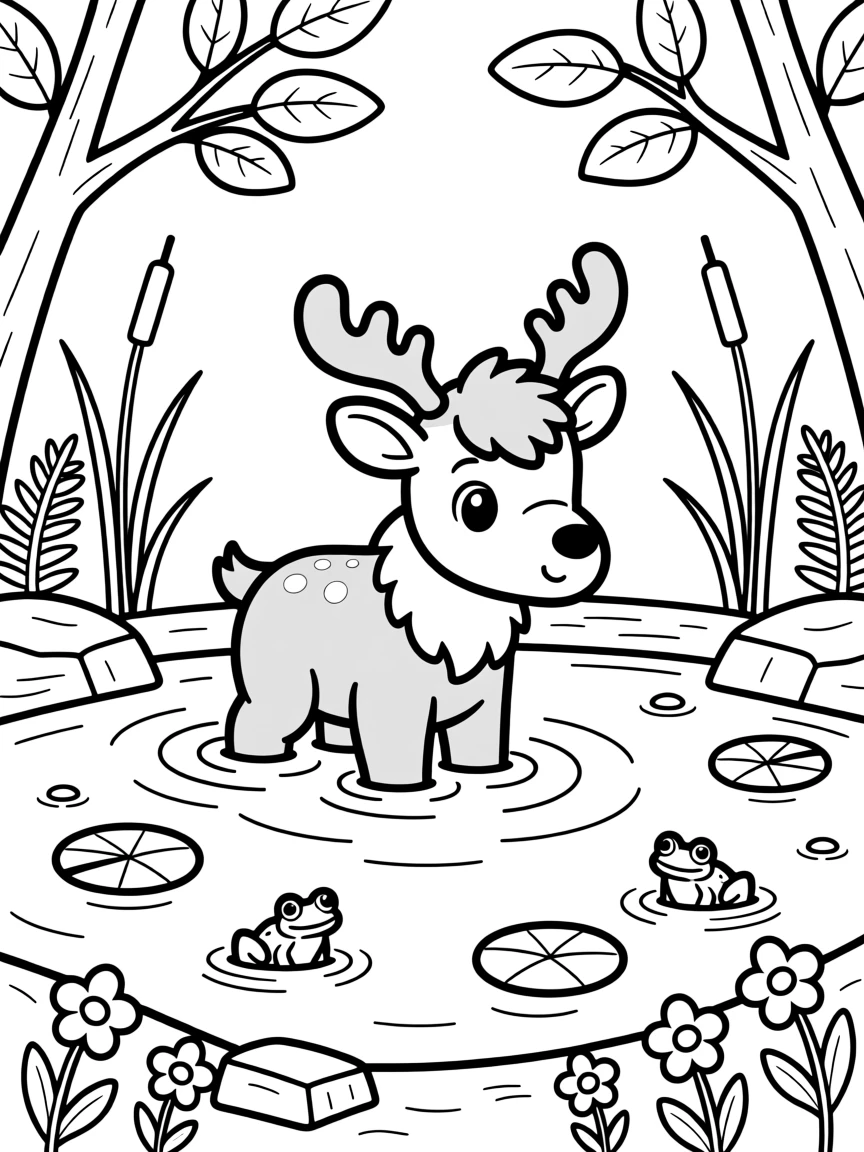 A baby moose wading through a shallow forest pond