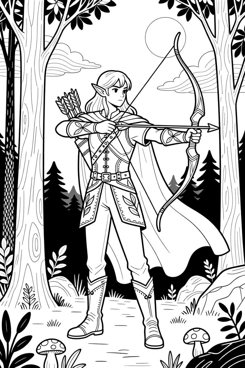 An elven archer standing in a moonlit forest, with beams of moonlight cutting through the clouds.