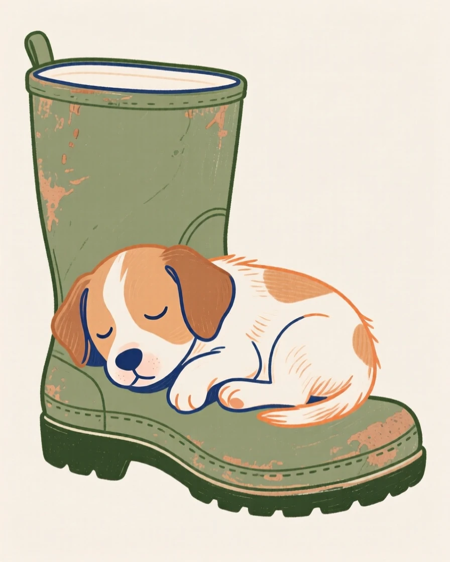 A puppy napping inside an old wellington boot.