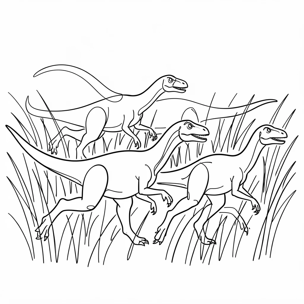 A pack of Velociraptors hunting through tall prehistoric grasslands
