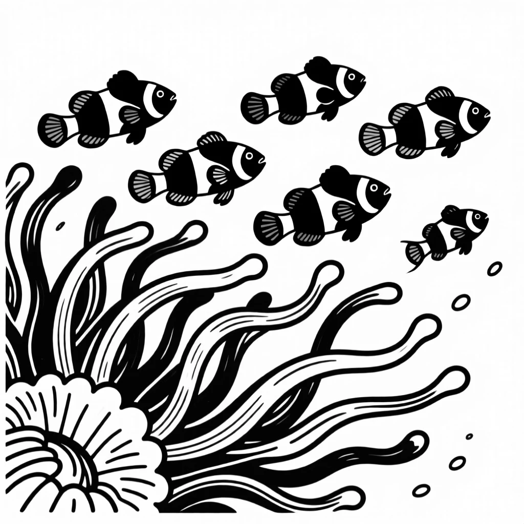 A school of clownfish darting among the tentacles of a sea anemone.
