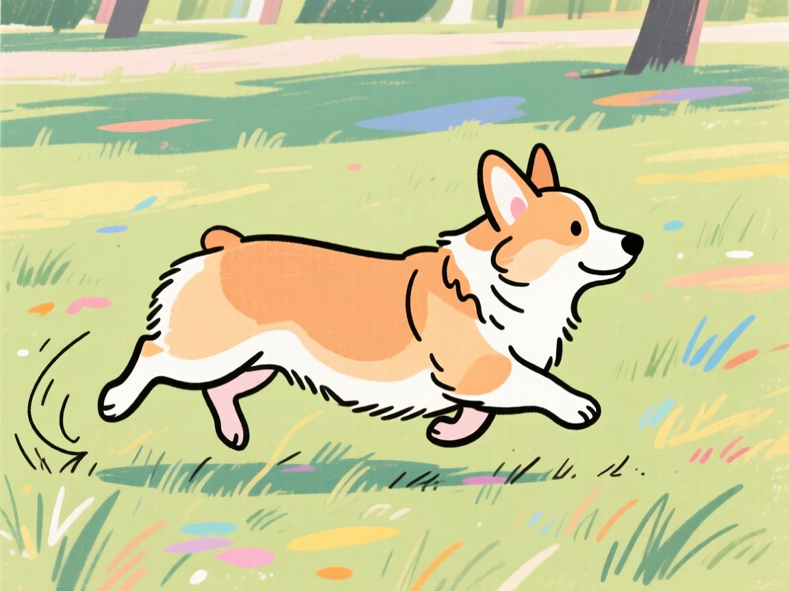 A corgi with short legs running across a grassy park.