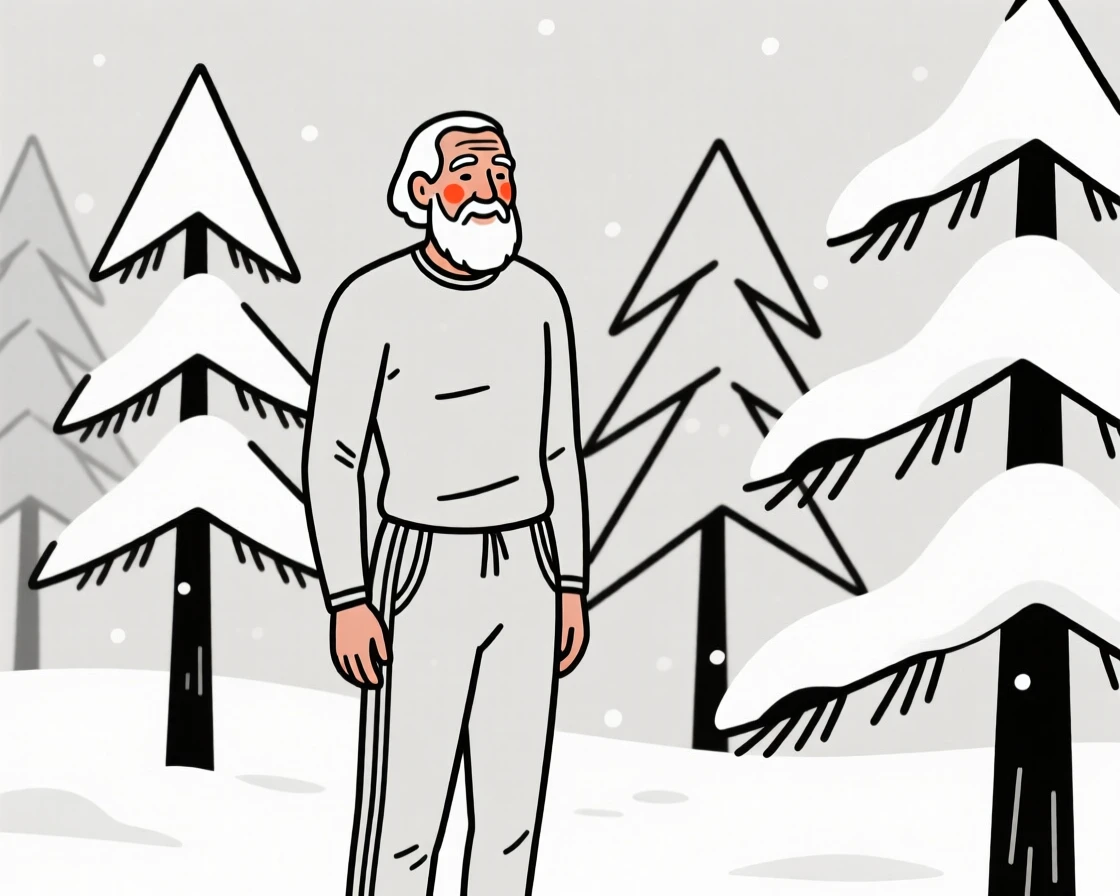 A wise old man of Egyptian heritage in athletic workout wear, exuding gentle warmth, in a snow-covered pine forest.
