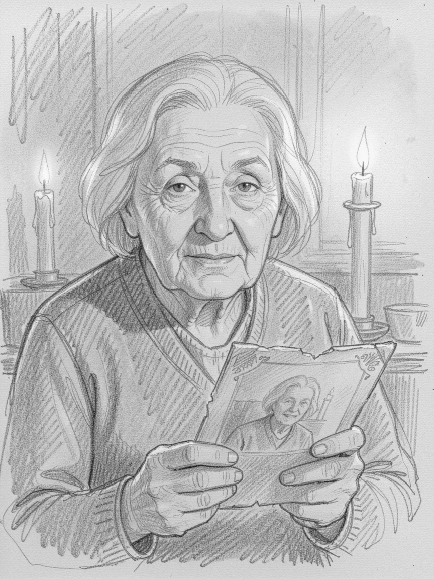 Close-up portrait of a wise elderly grandmother in a candlelit room, clutching an old photograph.