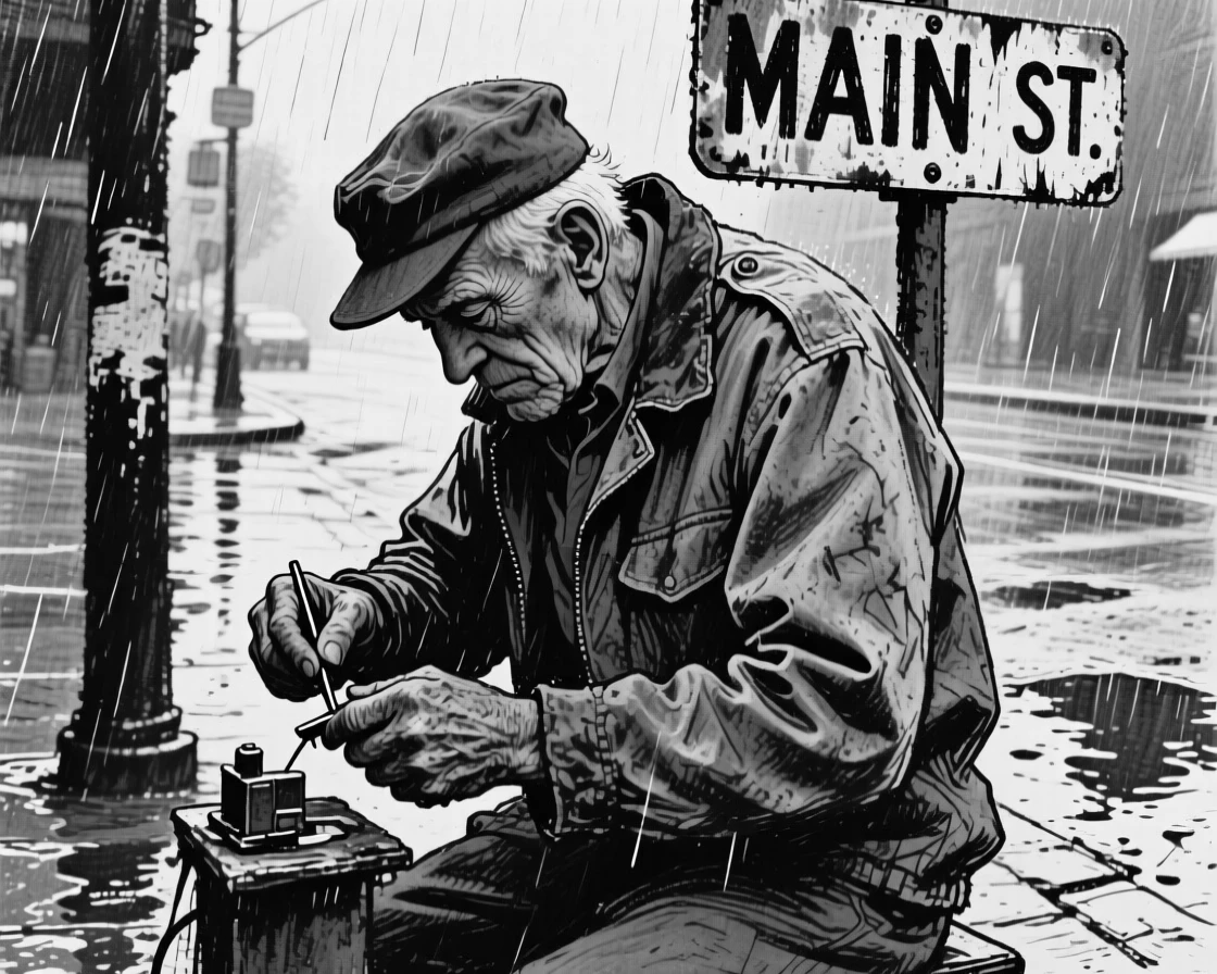 A war veteran working intently with focused concentration, on a rainy street corner.
