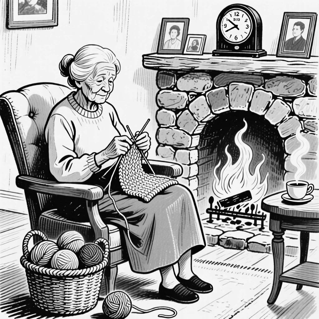 A grandmother knitting a sweater by the fireplace, yarn basket resting beside her chair.