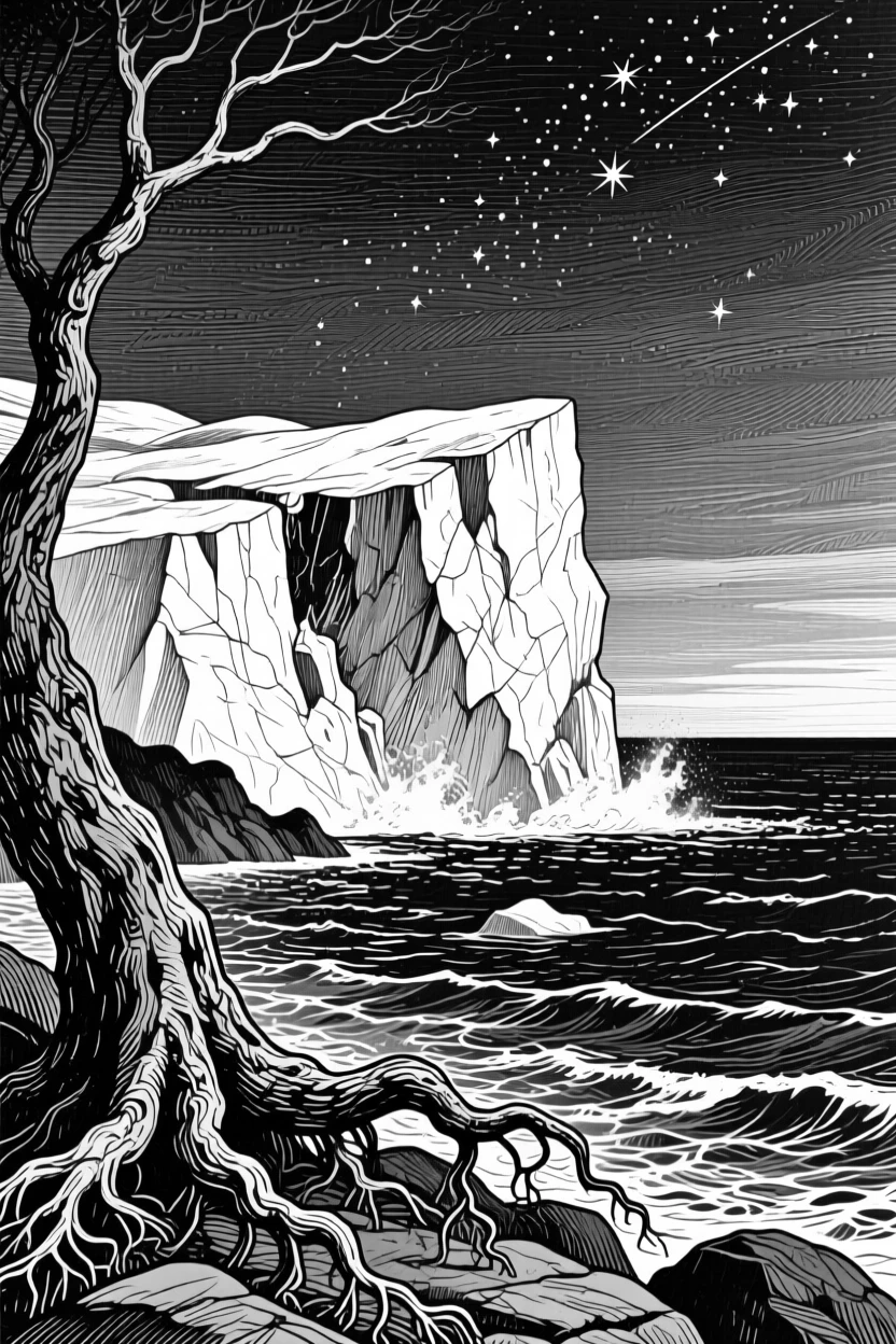 A glacier calving into the sea beneath a canopy of stars beginning to appear, with gnarled roots gripping the rocky soil, evoking a serene and contemplative atmosphere in a wide, balanced composition.