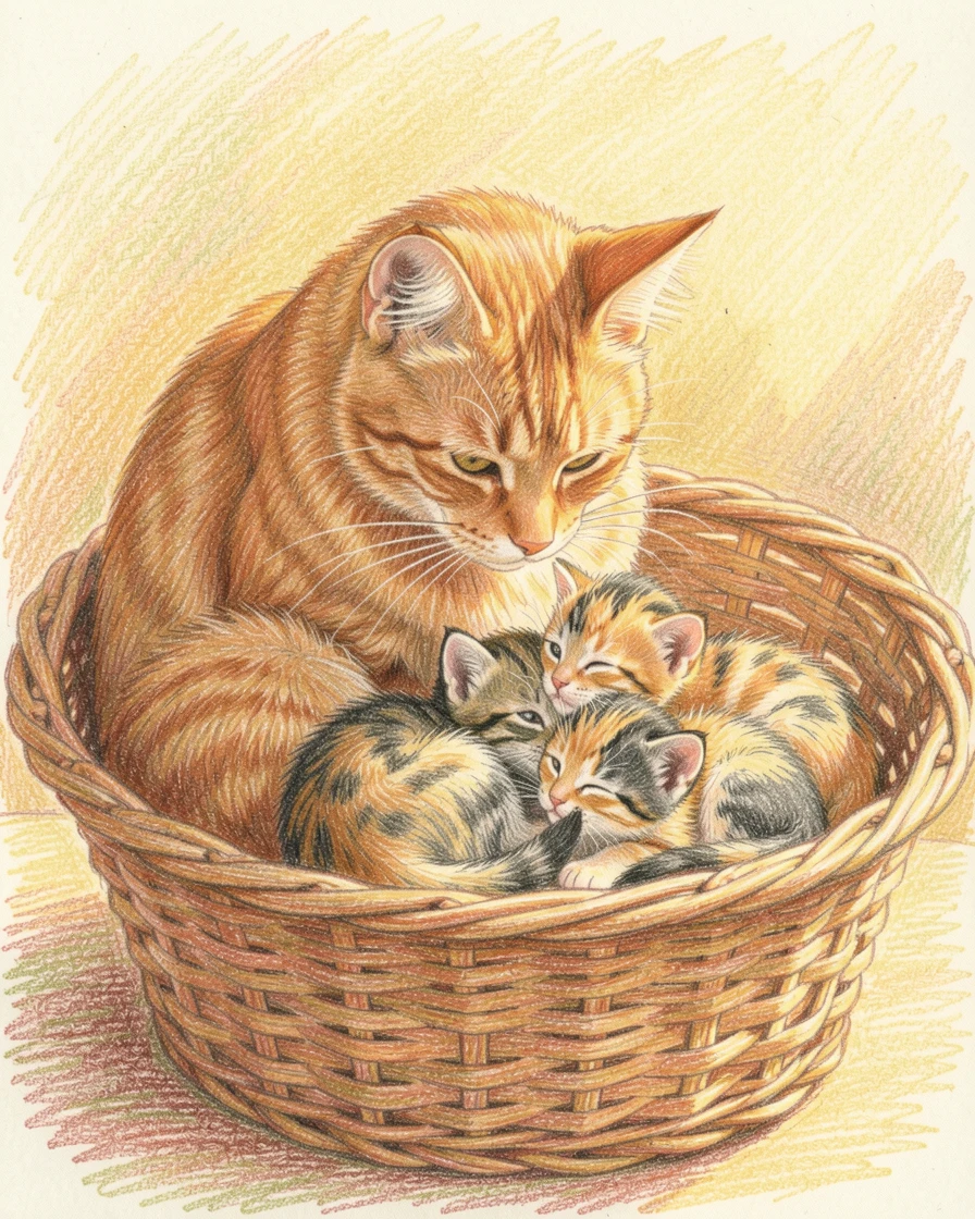A mother cat grooming her kittens in a sunlit basket, bathed in the warm glow of early morning or late afternoon light, celebrating the simple beauty of the animal world.