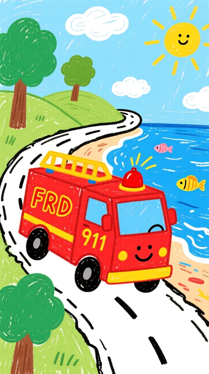 A bright red fire truck traveling along a winding coastal road.