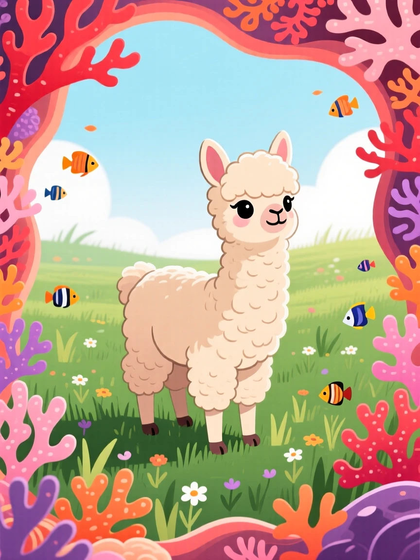 A baby alpaca with fluffy wool standing in a green pasture, framed by a vibrant coral reef teeming with color, positioned slightly off-center following the rule of thirds, with a sense of playful curiosity captured perfectly.