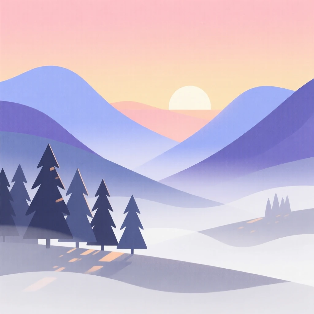 A misty mountain valley at sunrise with soft light filtering through the treetops.
