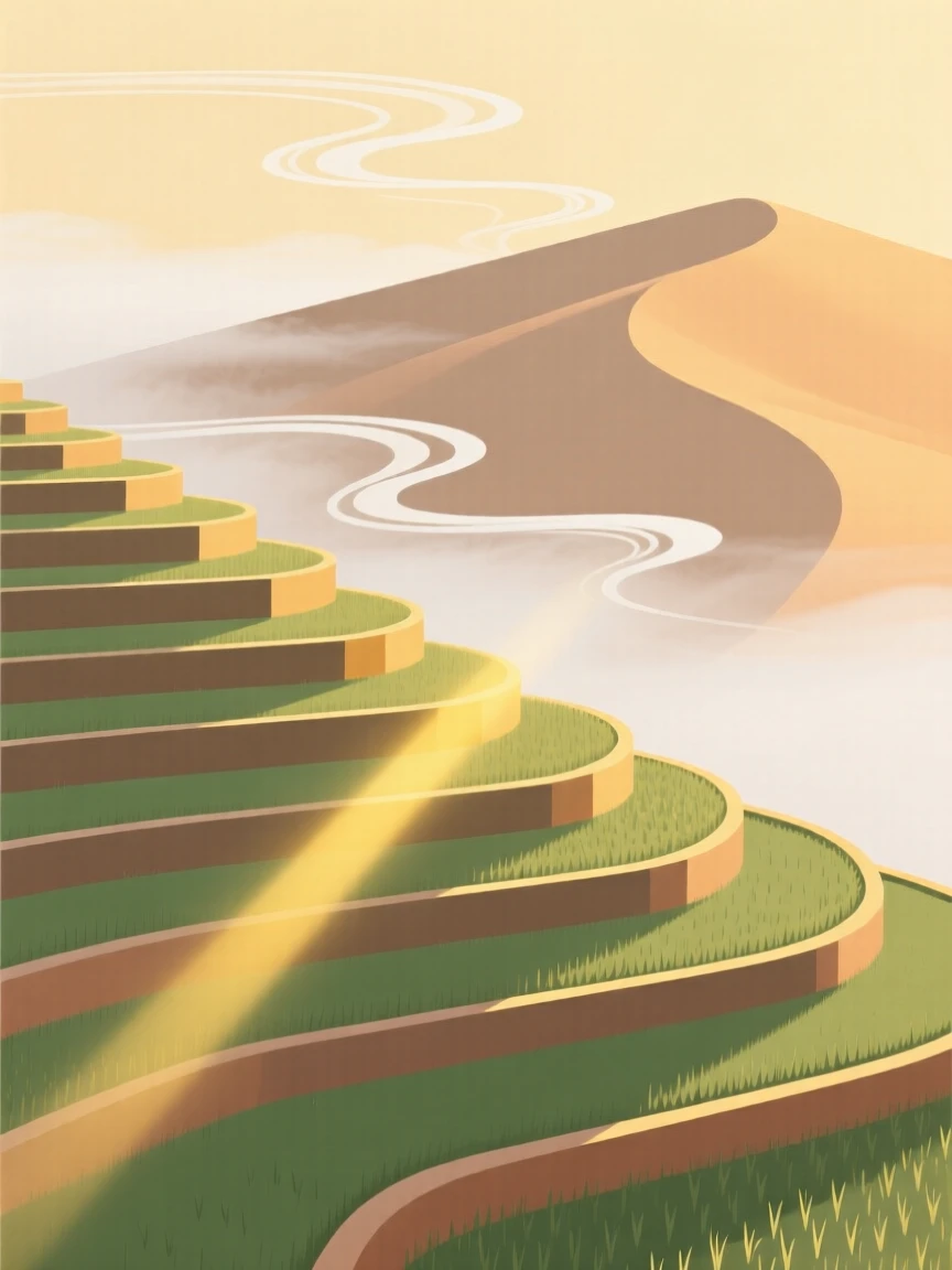 Sunlight falling across a terraced rice paddy as a desert dune moves slowly past curling wisps of mist, evoking timeless calm.