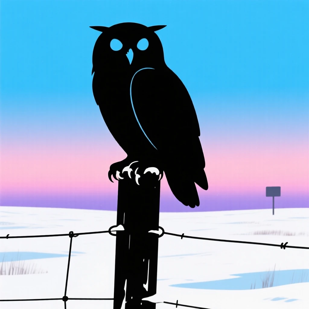 A snowy owl perched atop a fence post in an open snowfield.