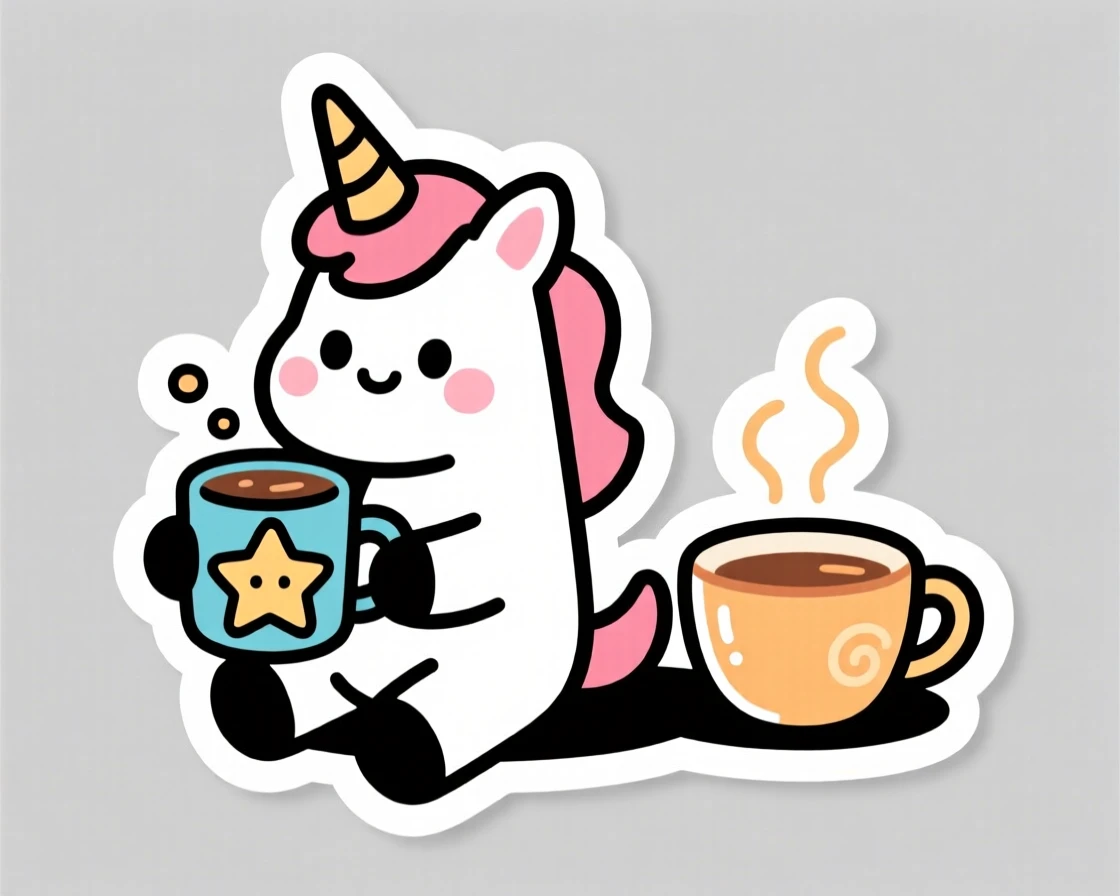 A determined chibi unicorn sipping cocoa from a star-shaped mug, next to a steaming cup of tea.