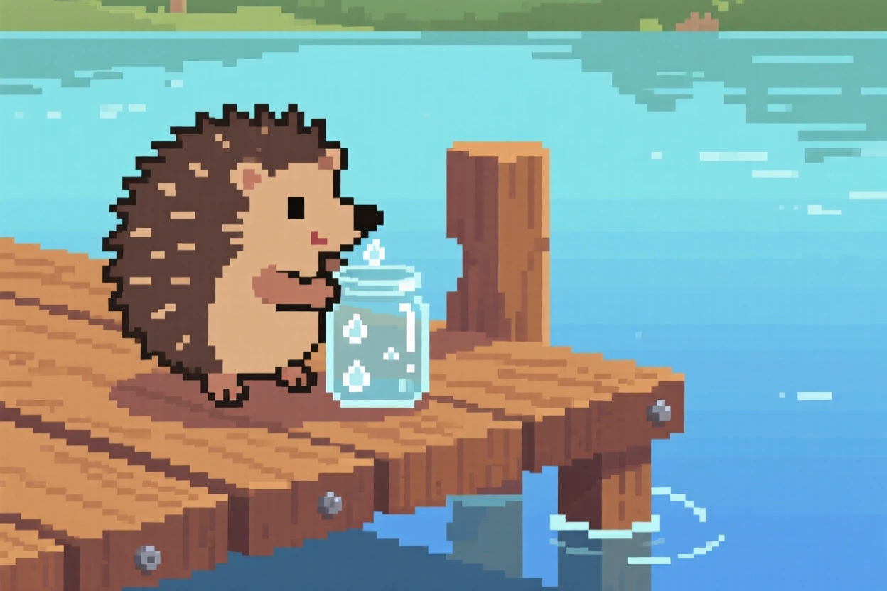 A tiny hedgehog collecting dewdrops in a jar, on a wooden dock over a still lake.