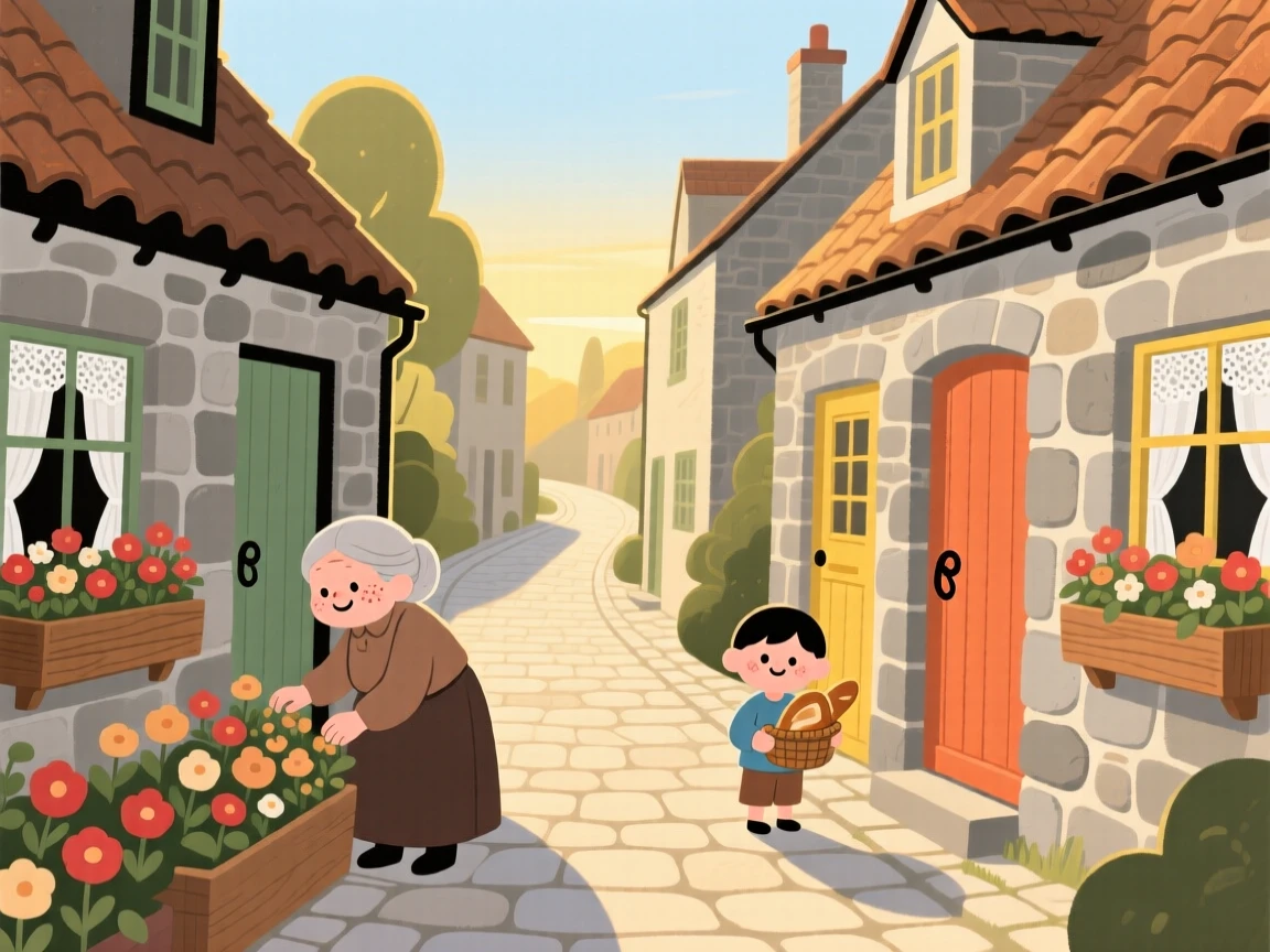 A sunlit alley winds through a small countryside town lined with stone cottages and window boxes full of flowers, quiet in the early morning light.
