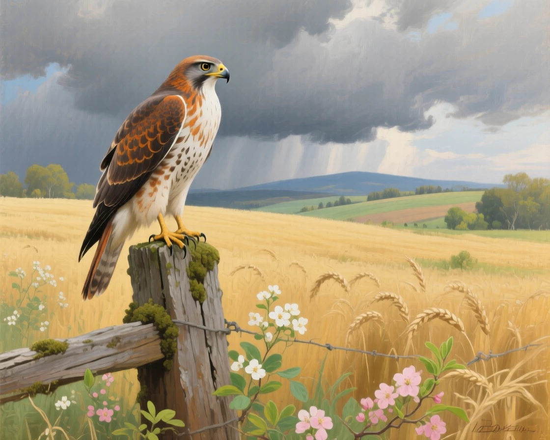 A medium shot of a hawk perched on a fence post surveying a golden field, in rural Poland, as spring blossoms open, beneath heavy grey storm clouds.