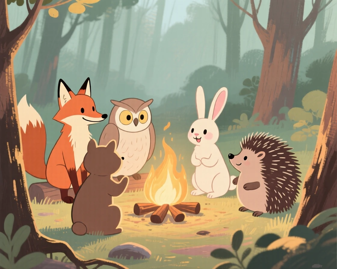 A group of talking animals gathered around a woodland campfire