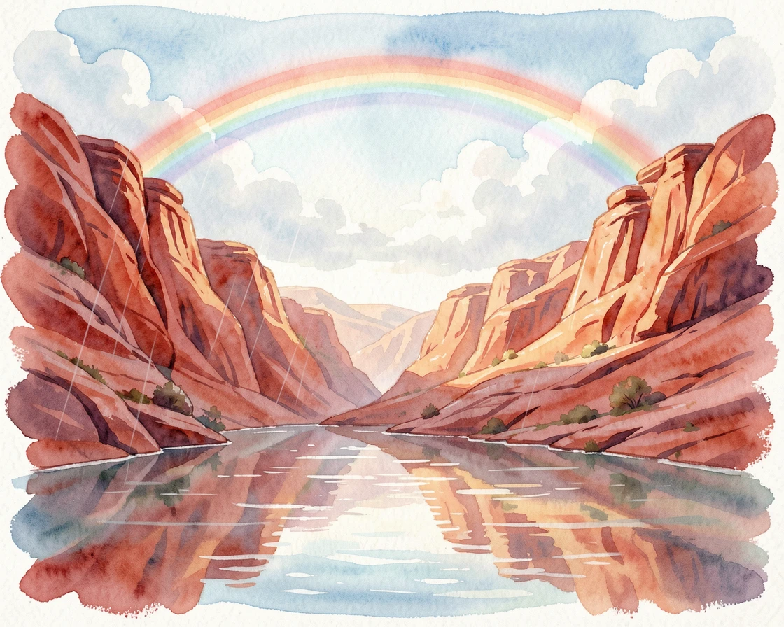 A red rock canyon beneath a rainbow after rain with reflections shimmering on the water.